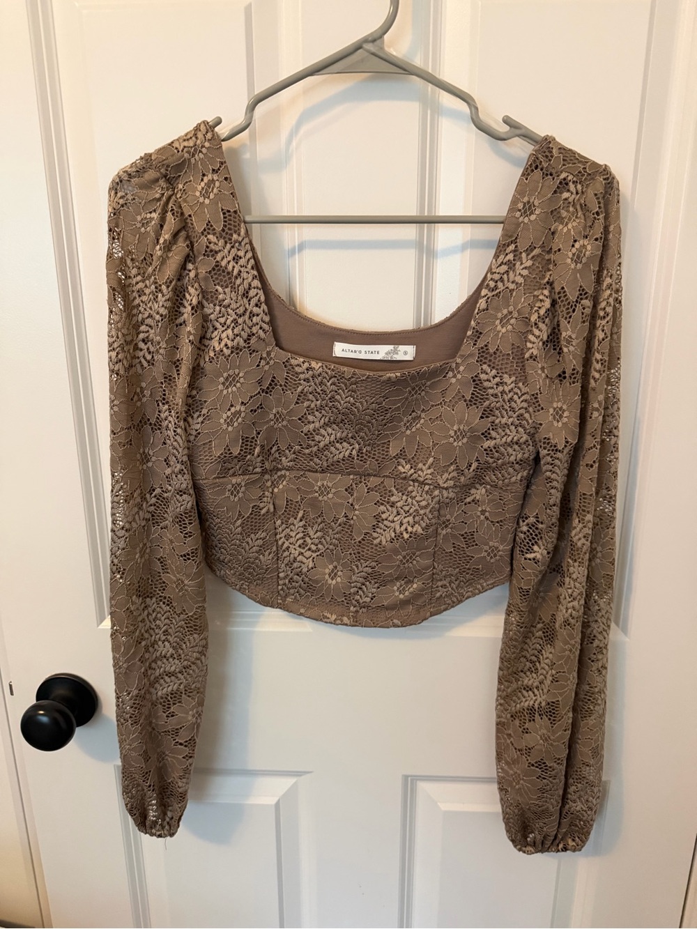 Altar'd State Taupe Lace Long-Sleeve Cropped Top